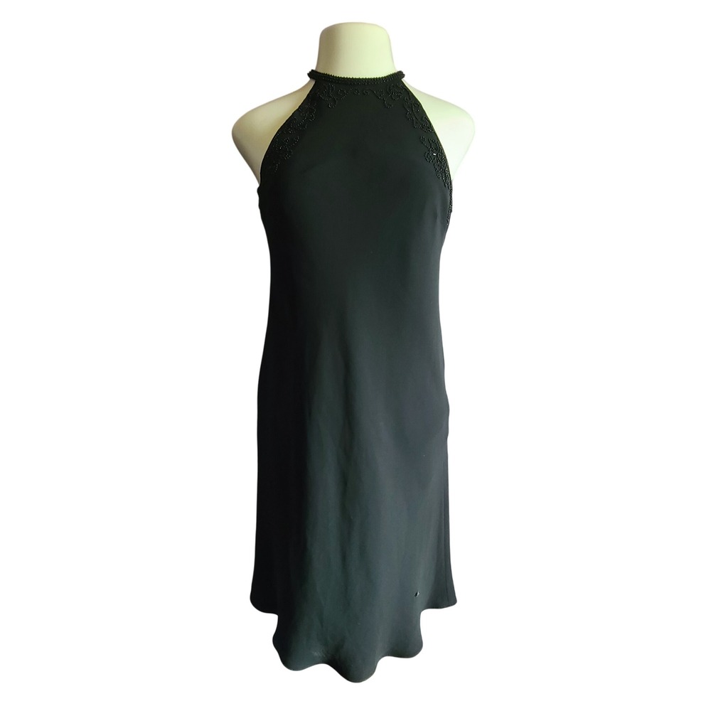 Black Halter Neck Beaded Evening Party Dress Womens L Black Formal Sleeveless‎